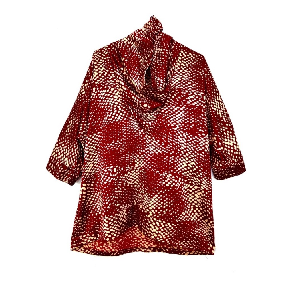 Vintage 70s Funnel Neck Tunic Top Abstract Polka Dot Satin Dolman Sleeve Wine XL